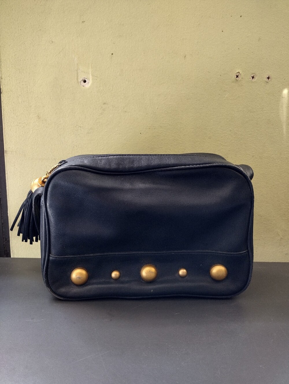 ARCHITECT blue Leather Cosmetic Pouch with Gold Studs and Tassel